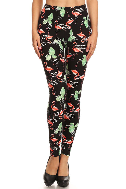 Women's Plus Flamingo Cactus Pattern Printed Leggings