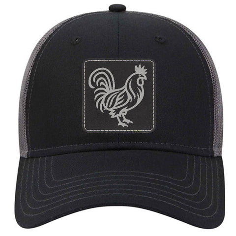 Rooster Leatherette Patch 6 Panel Low Profile Mesh Back Trucker Hat - for Men and Women