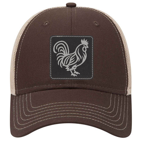 Rooster Leatherette Patch 6 Panel Low Profile Mesh Back Trucker Hat - for Men and Women