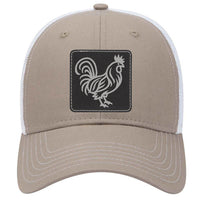 Rooster Leatherette Patch 6 Panel Low Profile Mesh Back Trucker Hat - for Men and Women