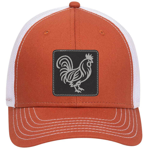 Rooster Leatherette Patch 6 Panel Low Profile Mesh Back Trucker Hat - for Men and Women