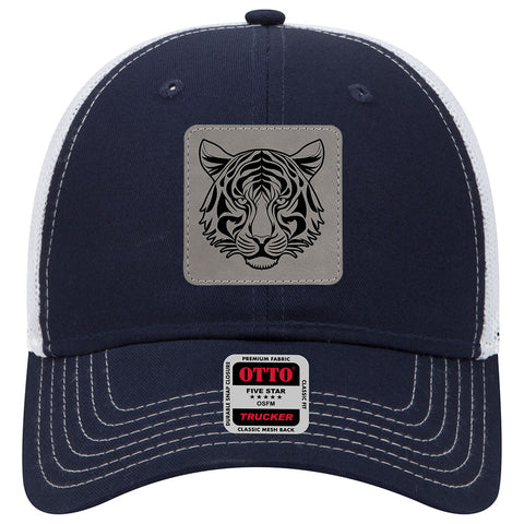 Tiger Leatherette Patch 6 Panel Low Profile Mesh Back Trucker Hat - for Men and Women