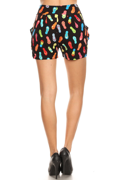 Women’s Regular Flip-Flops Sandal Printed Pleated Pockets Harem Shorts