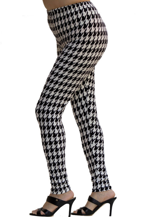 Women's Regular Hound Tooth Pattern Print Leggings - White Black