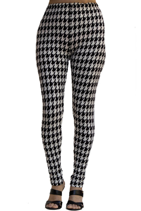 Women's Regular Hound Tooth Pattern Print Leggings - White Black