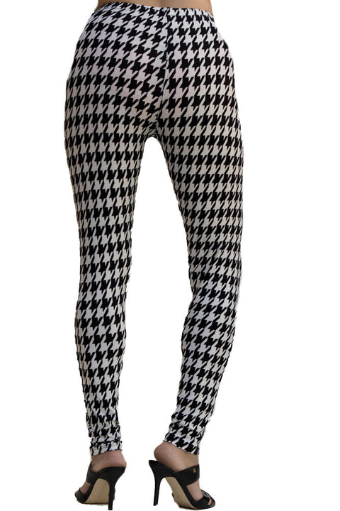 Women's Regular Hound Tooth Pattern Print Leggings - White Black