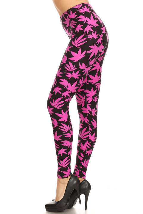 Women's 3X 5X Allover Fuchsia Cannabis Leaf Plant Pattern Print Leggings