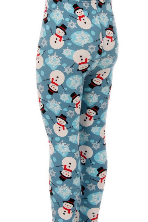 Girl's Snowman & Snowflakes Pattern Printed Leggings