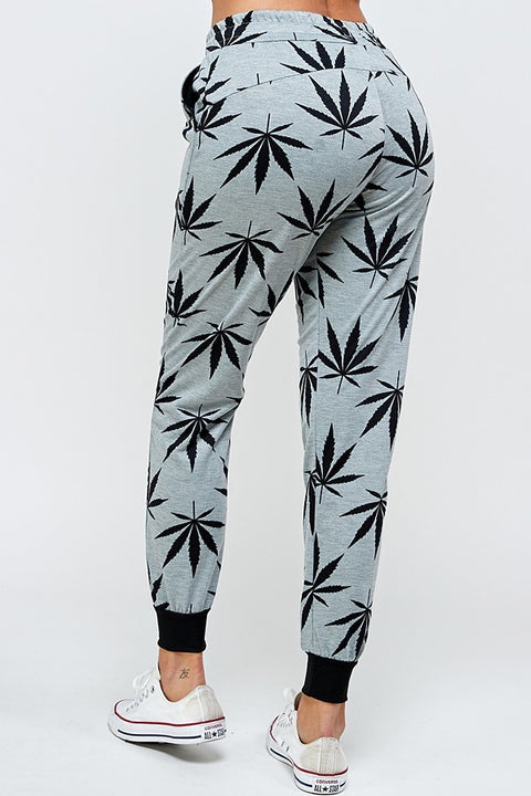 Womens Regular Allover Cannabis Printed Drawstring Joggers with Pockects