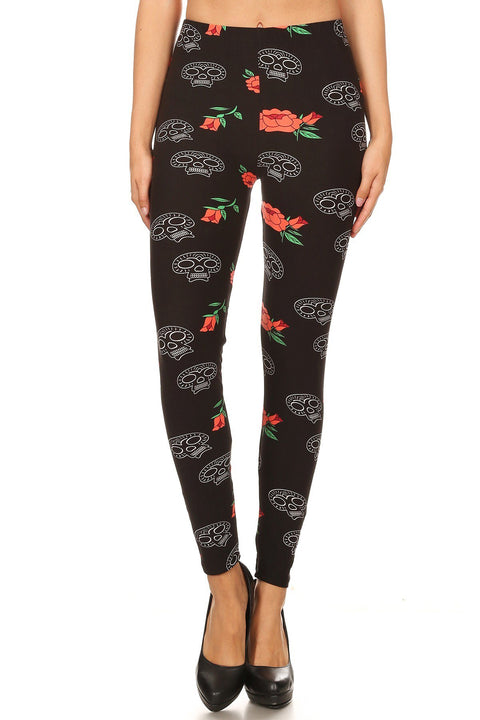 Women's Plus Skull Red Rose Pattern Printed Leggings