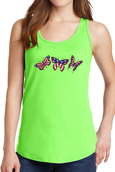 Women's Three Butterflies with American Flag Core Cotton Tank Tops -XS~4XL