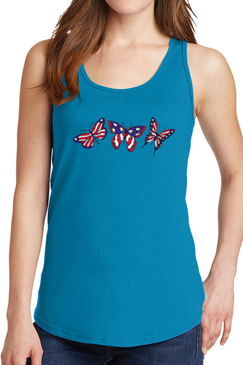 Women's Three Butterflies with American Flag Core Cotton Tank Tops -XS~4XL