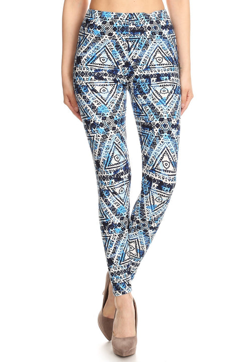 Women's Plus Blue Geo Tribal Indian Theme Printed Leggings