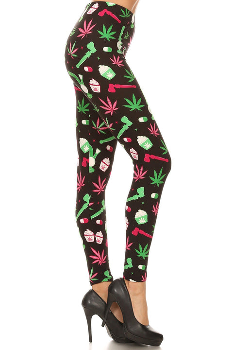 Women's Regular Green Leaf Cannabis Pattern Printed Leggings