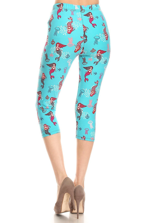 Women's Regular Red Mermaid Starfish Jellyfish Printed Cropped Capri Leggings
