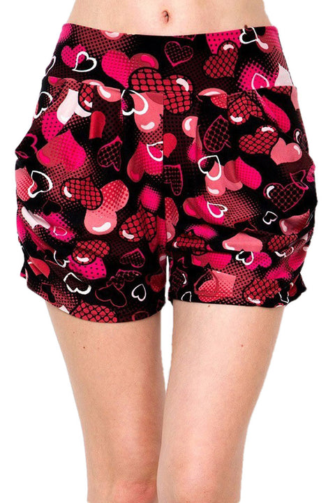 Women’s Regular Red Big Heart Printed Pleated Pockets Harem Shorts