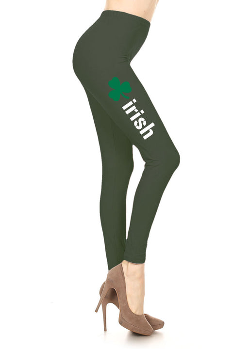 Women's Irish Word with Green Clover Design Printed Leggings for Regular Plus 3X5X