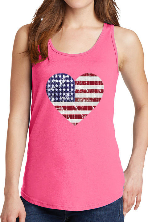 Women's American Distressed Heart Flag Core Cotton Tank Tops -XS~4XL