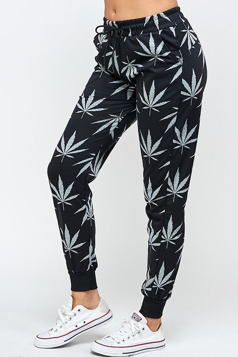 Womens Regular Allover Cannabis Printed Drawstring Joggers with Pockects