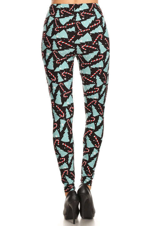 Women's 3X 5X Candy Cane Christmas Tree Pattern Printed Leggings