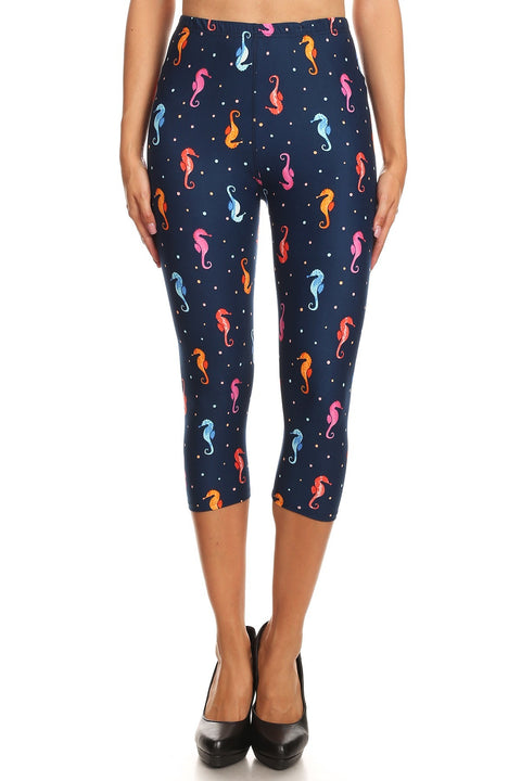 Women's Regular Sea Horses Bubbles Undersea Printed Cropped Capri Leggings