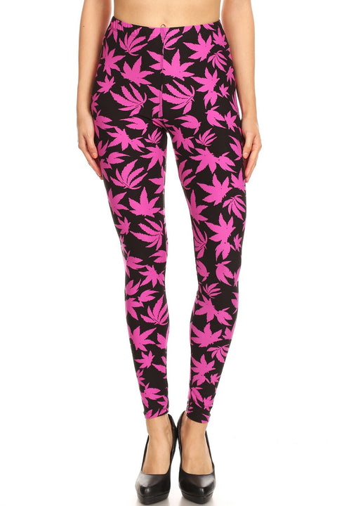 Women's 3X 5X Allover Fuchsia Cannabis Leaf Plant Pattern Print Leggings