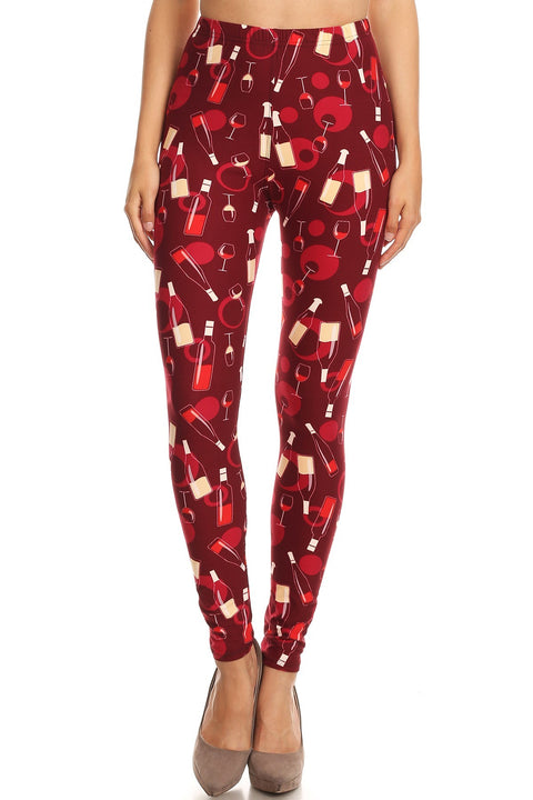 Women's 3 X 5X Wine Glass and Bottle Pattern Printed Leggings