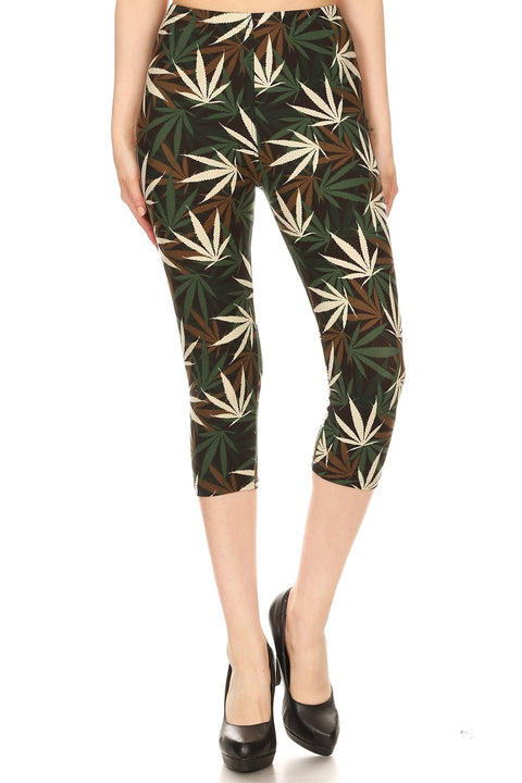 Womens Regular Olive Brown Leaf Cannabis Printed Cropped Capri Legging