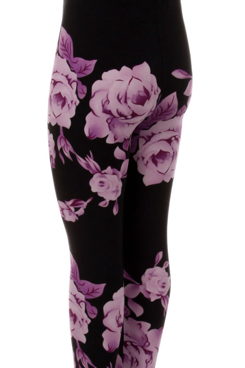 Girls Purple Big Roses Pattern Print Leggings