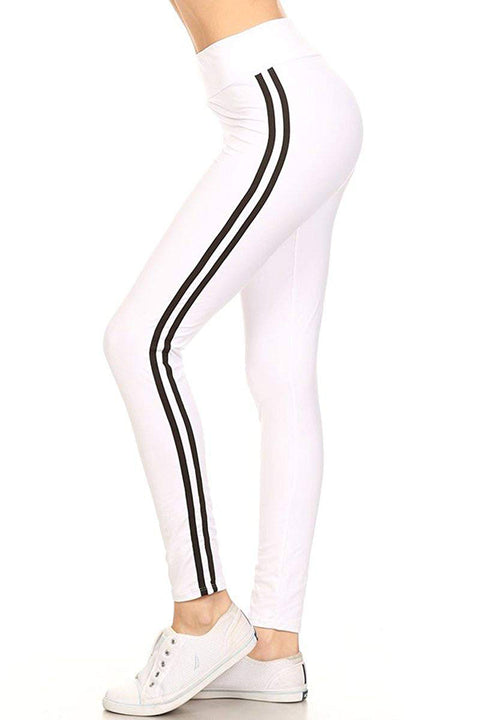 Womens High Waist Solid White Stripe Yoga Work Out Pants Leggings for Regular and Plus