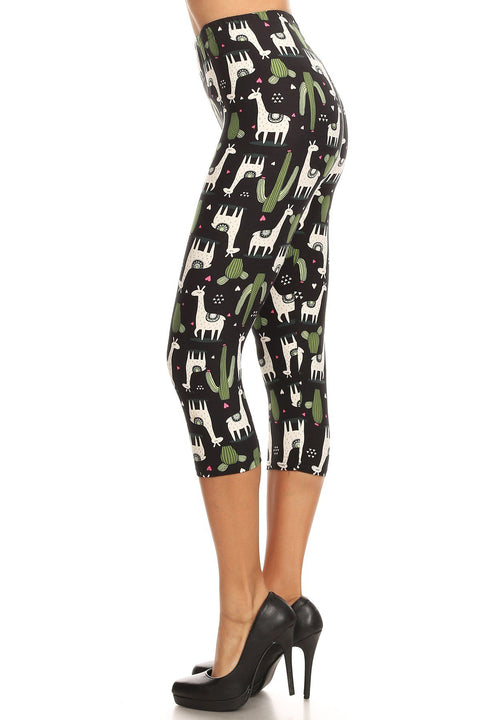Women's Regular White Giraffe Green Cactus Printed Cropped Capri Leggings