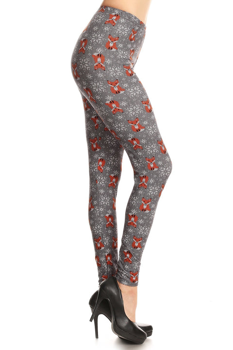 Women's PLUS Fox Fair Isle & Snowflakes Pattern Printed Leggings - Christmas Gift