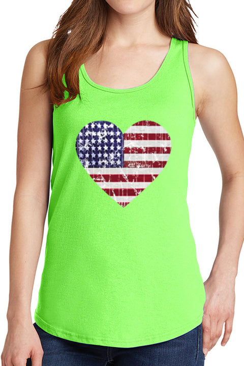 Women's American Distressed Heart Flag Core Cotton Tank Tops -XS~4XL