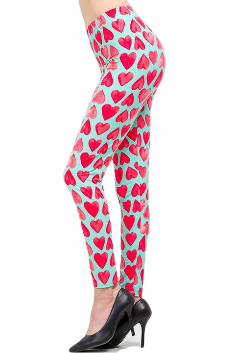 Women's XPlus Valentine Pink Heart in Green Pattern Printed Leggings