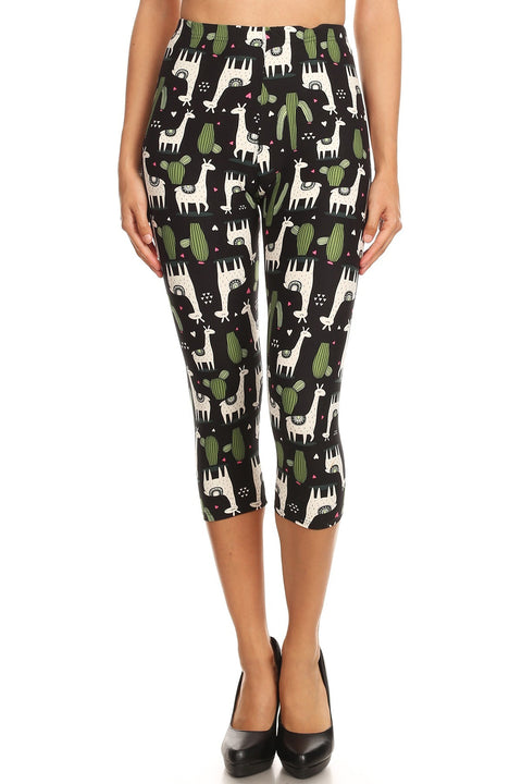 Women's Regular White Giraffe Green Cactus Printed Cropped Capri Leggings