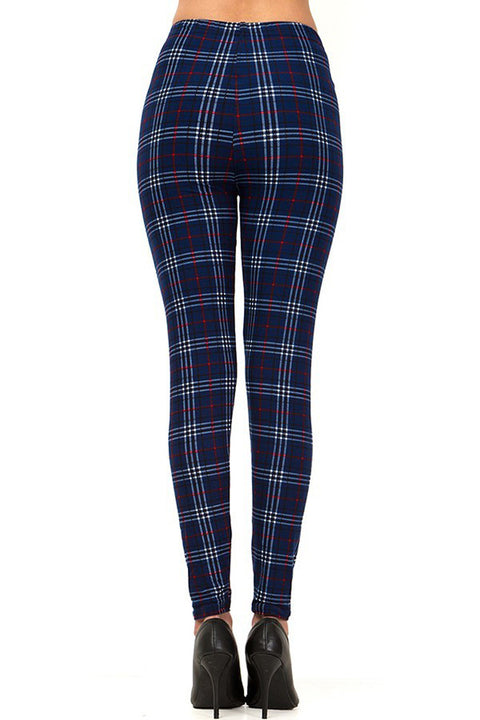 Women's Regular Holiday Navy Wine Plaid Pattern Printed Leggings