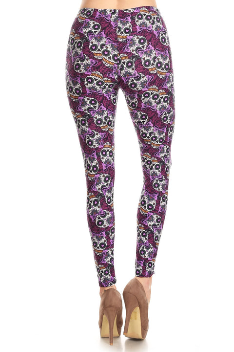 Women's Plus Purple Sugar Skull Ribbon Pattern Printed Leggings