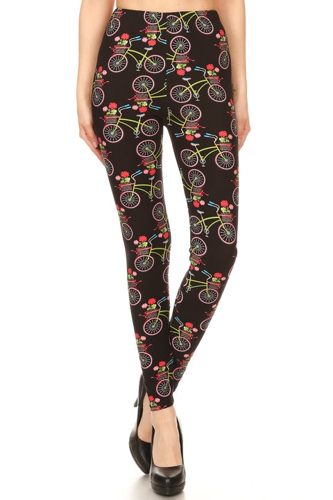 Women's Plus Bicycle Flower Pattern Printed Leggings