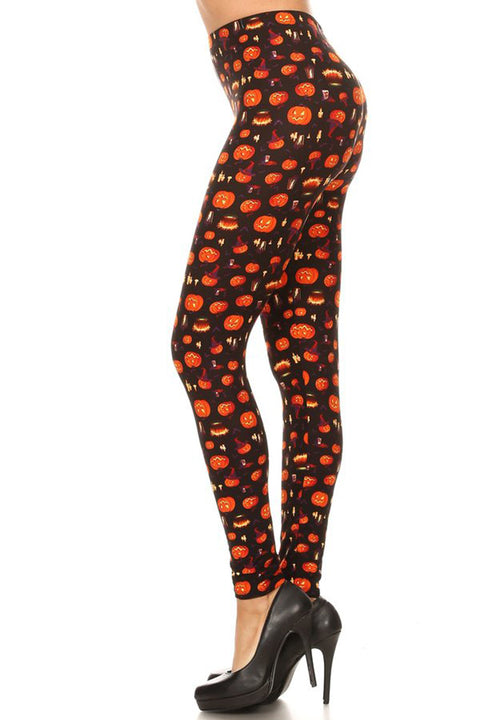 Women's Plus Jack O' Lantern Pumpkin Pattern Printed Leggings - One Size / Orange