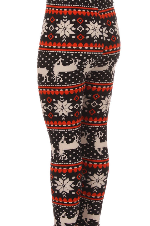 Girl's Reindeer Snowflake Fair Isle Pattern Printed Leggings