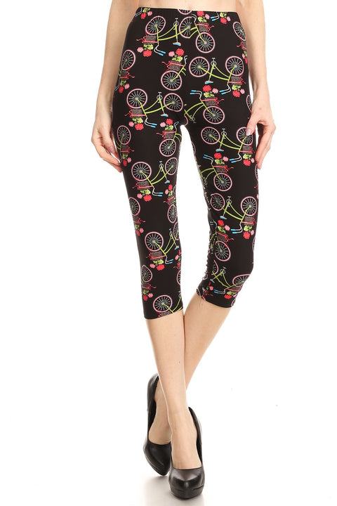 Women's Plus colorful Bicycle Flower Printed Cropped Capri Leggings