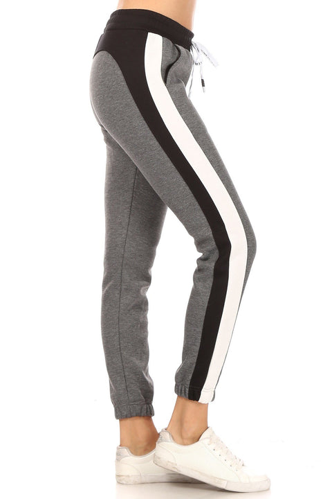 Solid Side Striped Fur Lining Pockets Full Length Pants