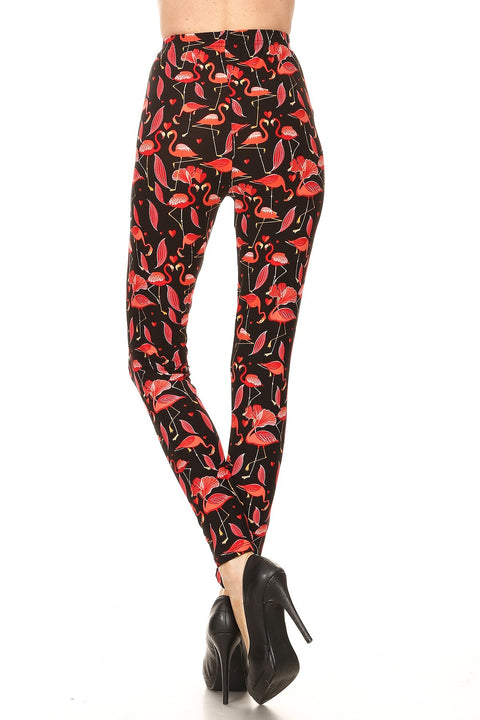 Women's Plus Flamingo Bird Pattern Printed Leggings - Black Pink
