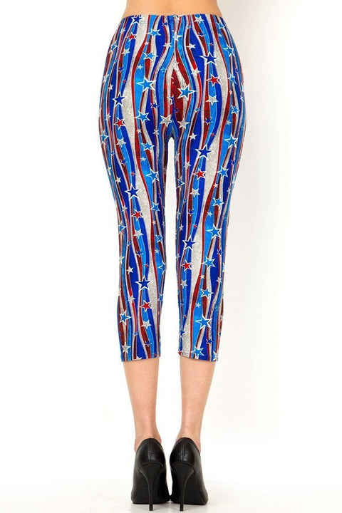 Women's Regular Flying Star 4th of July Printed Cropped Capri Leggings