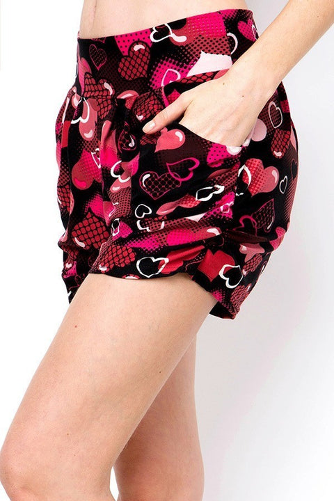 Women’s Regular Red Big Heart Printed Pleated Pockets Harem Shorts