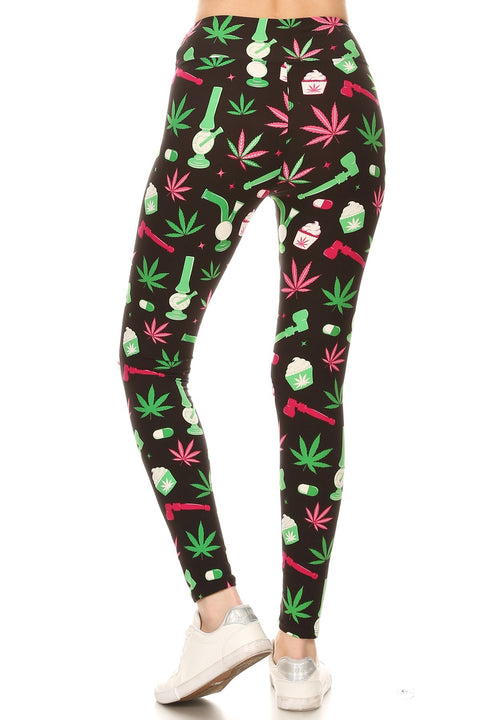 Women Plus High Waist Green Leaf Cannabis Printed Yoga Pants Leggings