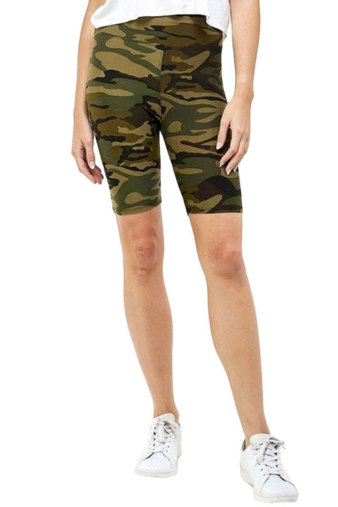 Women's Buttery Soft Olive Camouflage Print 3 Inch Waist Yoga Biker Shorts