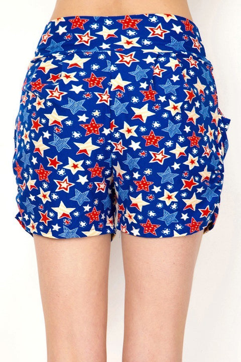 Women’s Regular Blue Red Star American Flag Printed Pleated Pockets Harem Shorts