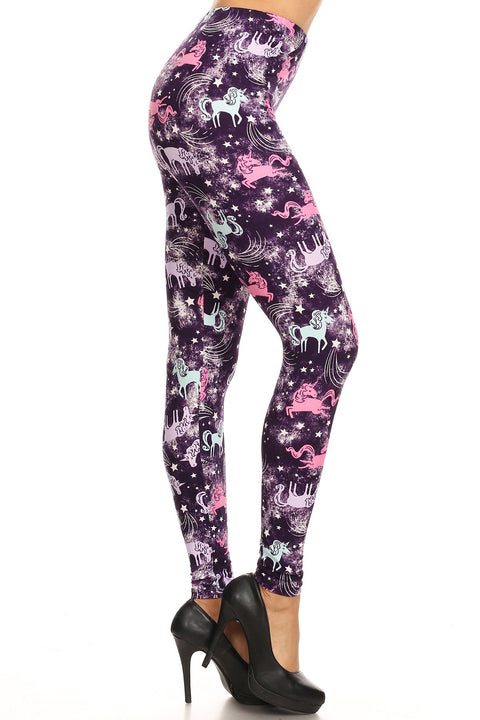 Women's Regular Stars & Unicorns Pattern Printed Leggings