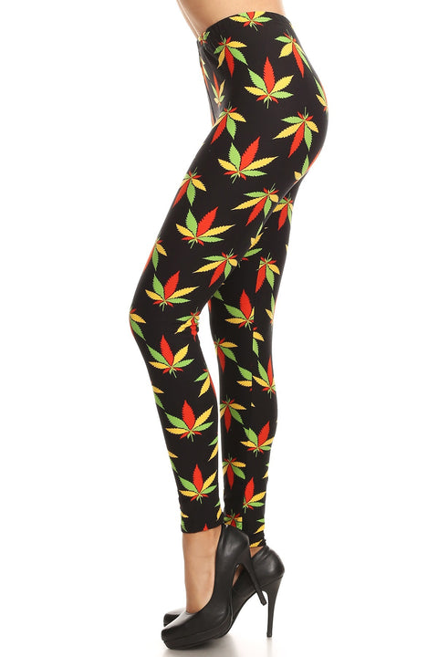 Women's Plus Colorful Leaf Plant Pattern Printed Leggings - Red Green
